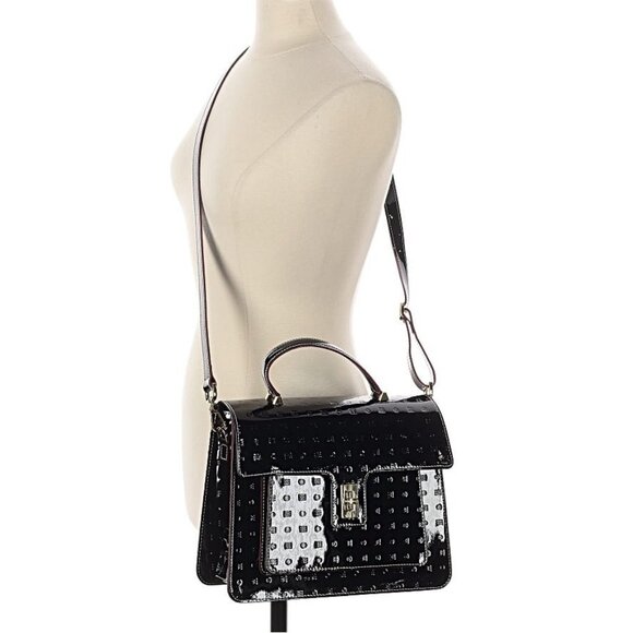 Nwot ARCADIA Marilena Embossed Patent Leather Satchel black Italian Leather Bag - Picture 3 of 14